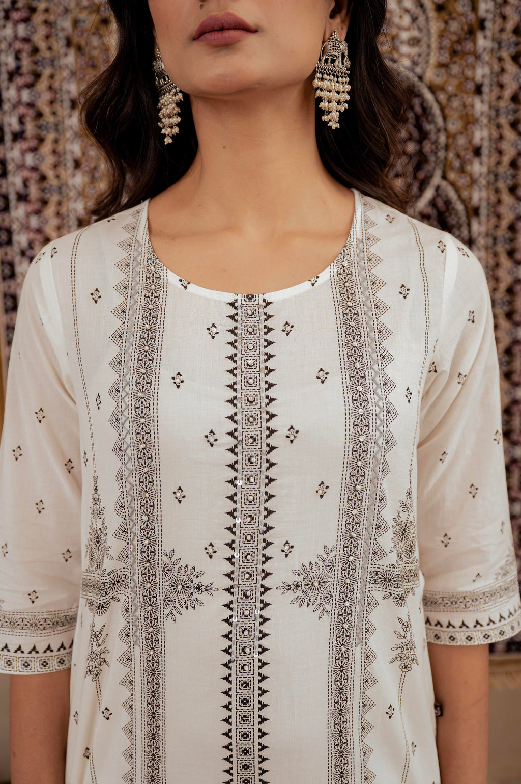 Juniper Black & White Geometric Printed Cotton Kurta With Palazzo & Printed Dupatta | Grocsy
