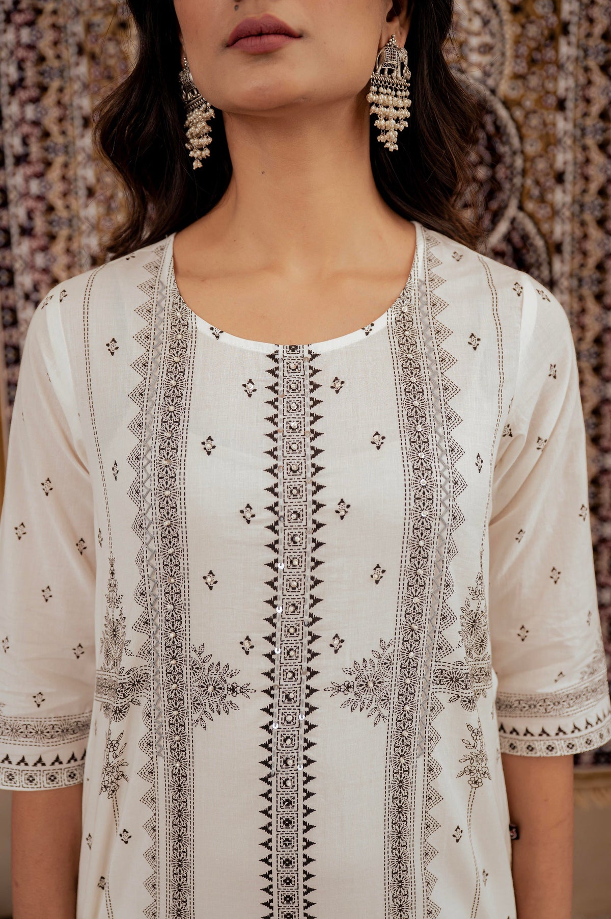 Juniper Black & White Geometric Printed Cotton Kurta With Palazzo & Printed Dupatta | Grocsy