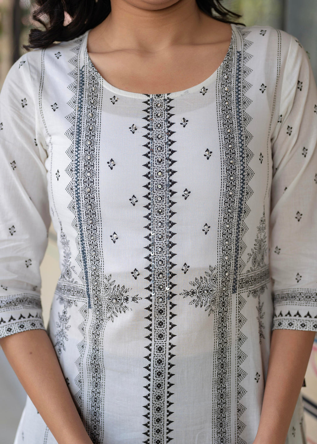 Juniper Black & White Geometric Printed Cotton Kurta with Palazzo & Printed Dupatta | Grocsy