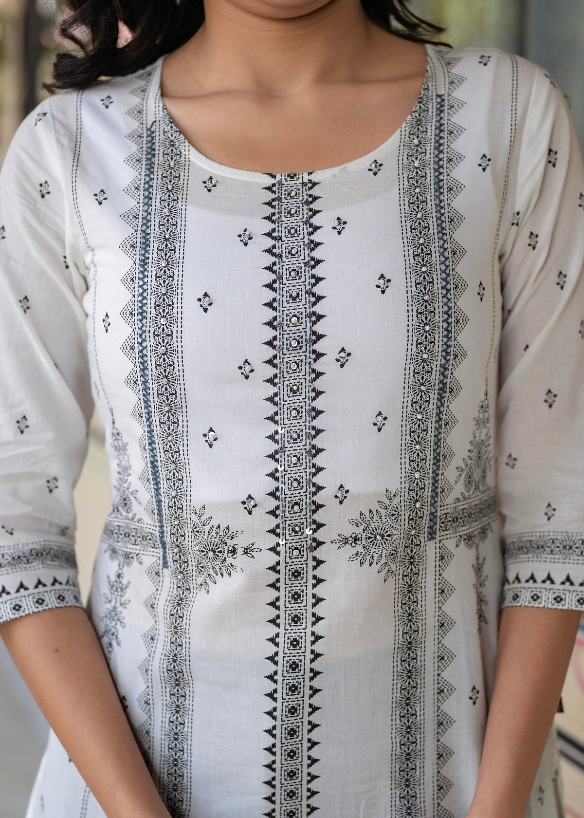 Juniper Black & White Geometric Printed Cotton Kurta with Palazzo & Printed Dupatta | Grocsy