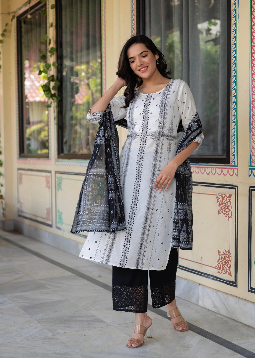 Juniper Black & White Geometric Printed Cotton Kurta with Palazzo & Printed Dupatta | Grocsy