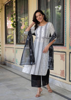 Juniper Black & White Geometric Printed Cotton Kurta with Palazzo & Printed Dupatta | Grocsy