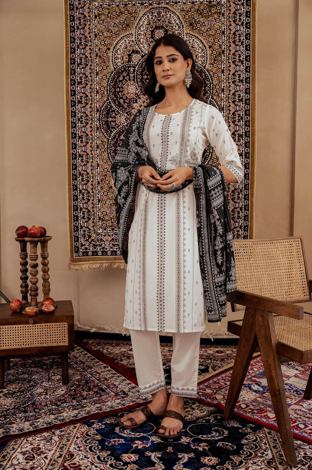 Juniper Black & White Geometric Printed Cotton Kurta With Palazzo & Printed Dupatta | Grocsy