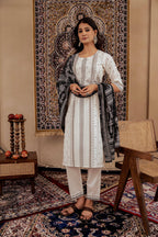 Juniper Black & White Geometric Printed Cotton Kurta With Palazzo & Printed Dupatta | Grocsy