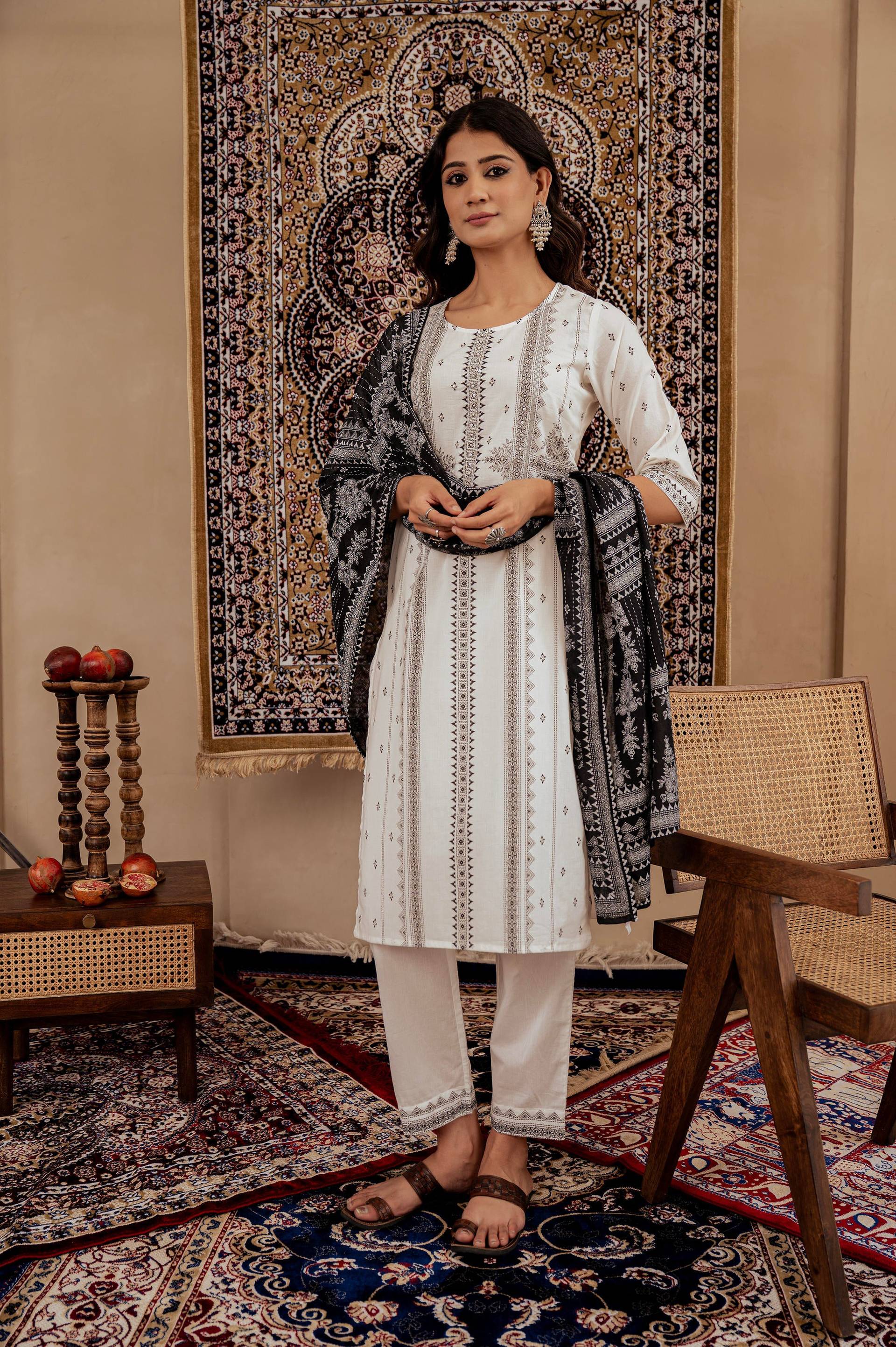 Juniper Black & White Geometric Printed Cotton Kurta With Palazzo & Printed Dupatta | Grocsy