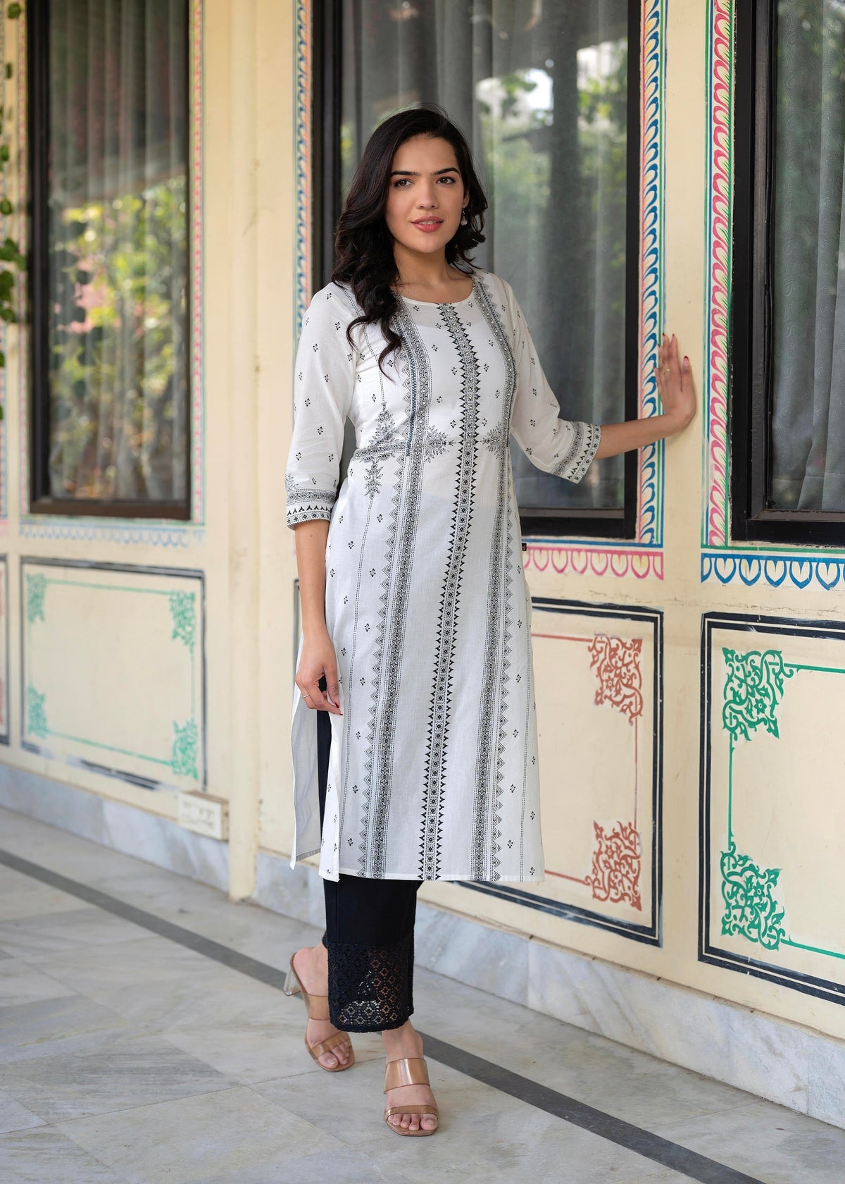 Juniper Black & White Geometric Printed Cotton Kurta with Palazzo & Printed Dupatta | Grocsy