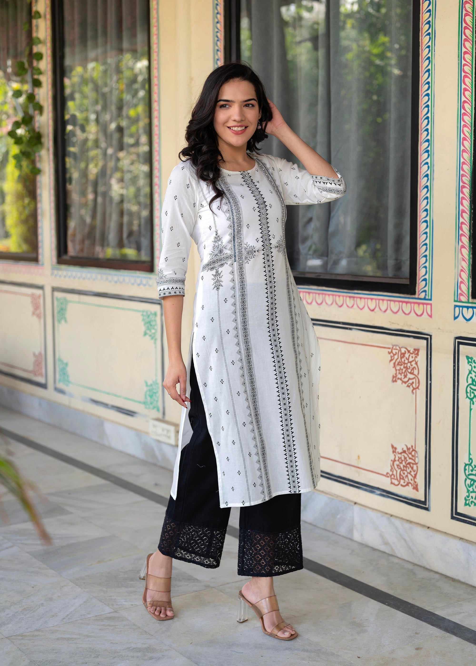Juniper Black & White Geometric Printed Cotton Kurta with Palazzo & Printed Dupatta | Grocsy