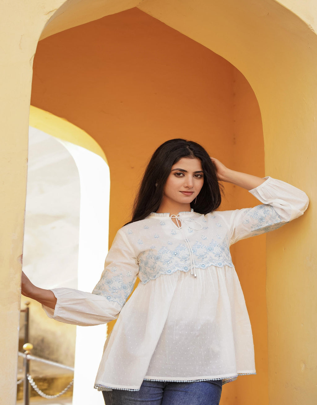 Juniper White Solid Cotton Tunic With Thread & Mirror Work | Grocsy