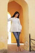 Juniper White Solid Cotton Tunic With Thread & Mirror Work | Grocsy
