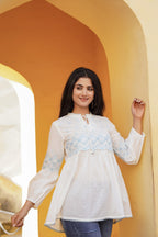 Juniper White Solid Cotton Tunic With Thread & Mirror Work | Grocsy