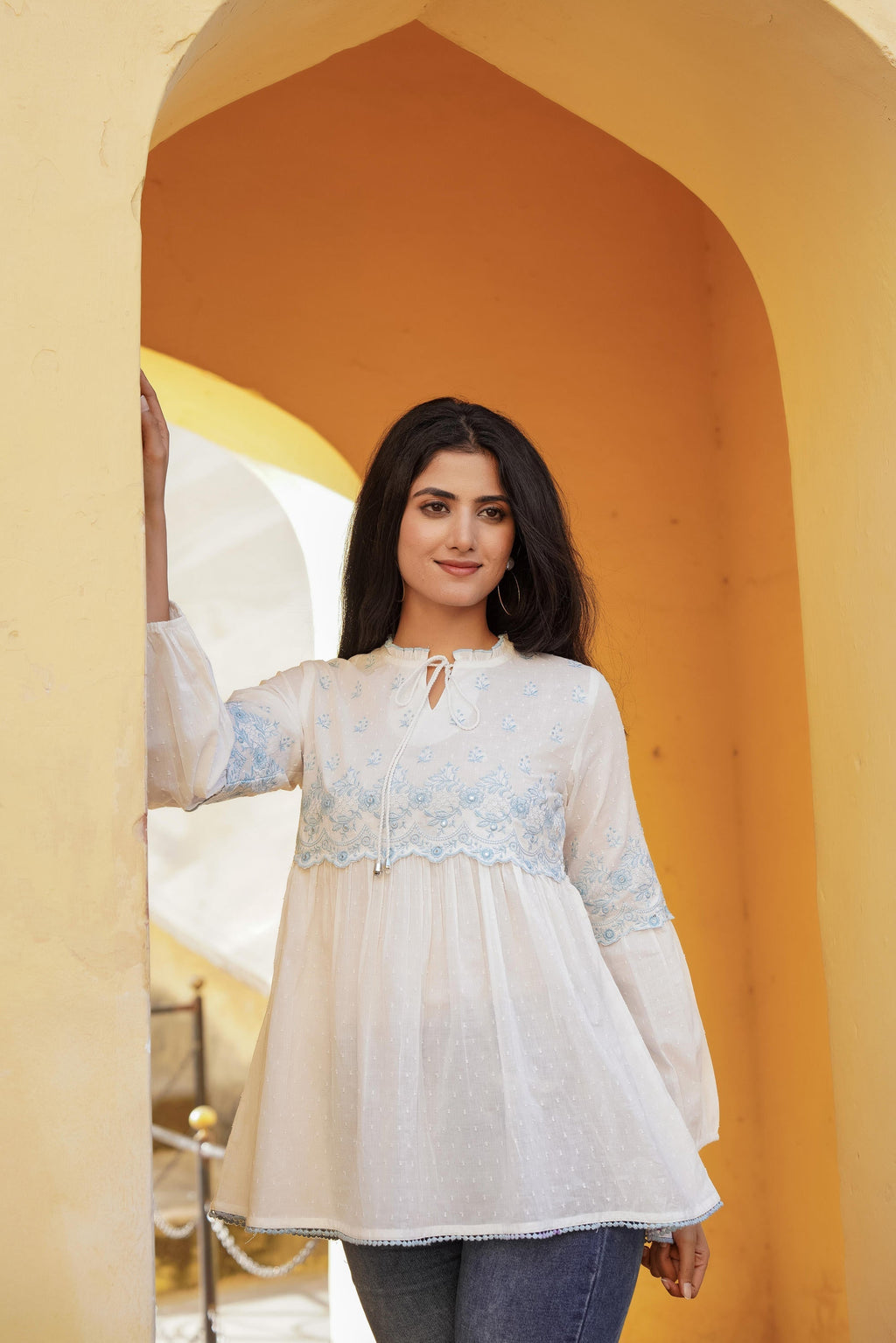 Juniper White Solid Cotton Tunic With Thread & Mirror Work | Grocsy