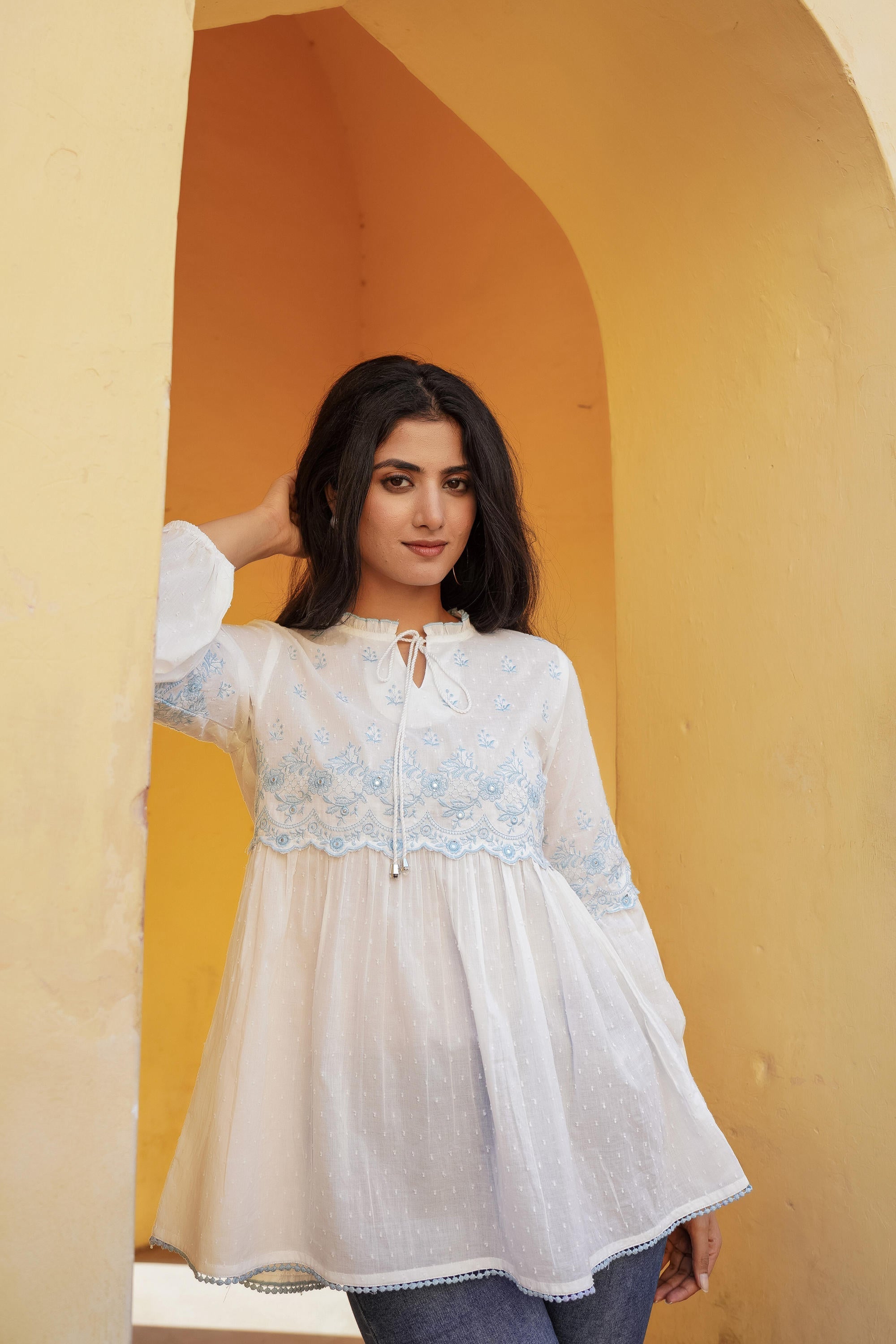 Juniper White Solid Cotton Tunic With Thread & Mirror Work | Grocsy
