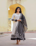 Juniper White Ethnic Motif Printed Dress & Dupatta Set With Thread Work | Grocsy
