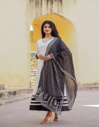 Juniper White Ethnic Motif Printed Dress & Dupatta Set With Thread Work | Grocsy