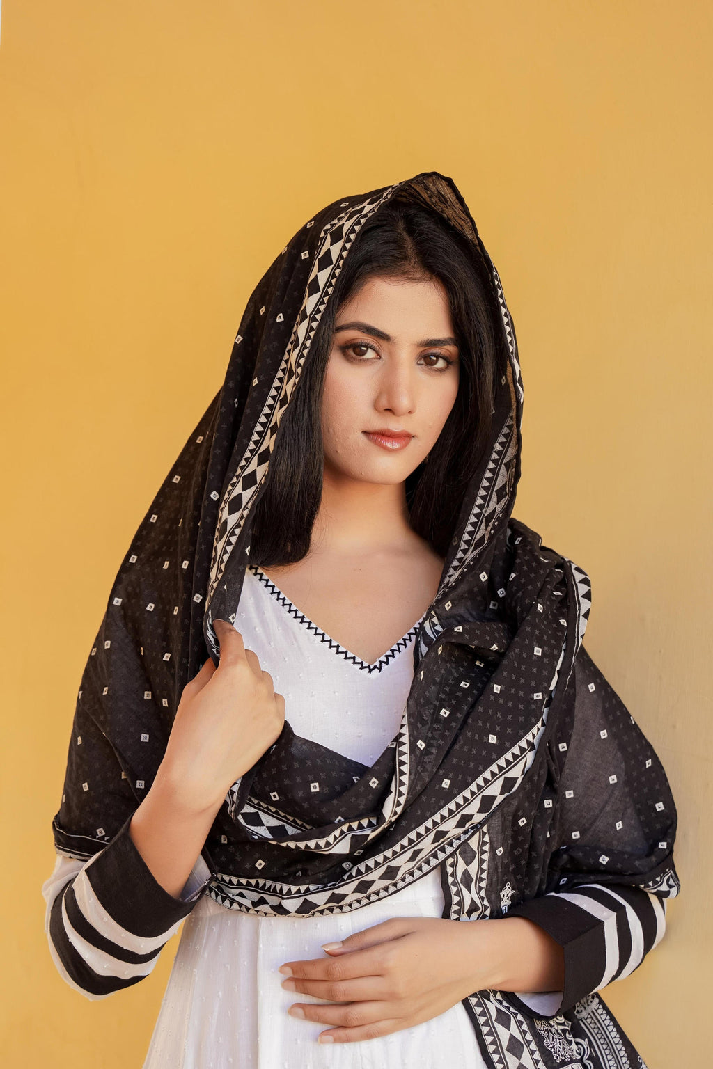 Juniper White Ethnic Motif Printed Dress & Dupatta Set With Thread Work | Grocsy