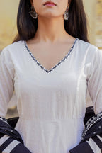 Juniper White Ethnic Motif Printed Dress & Dupatta Set With Thread Work | Grocsy