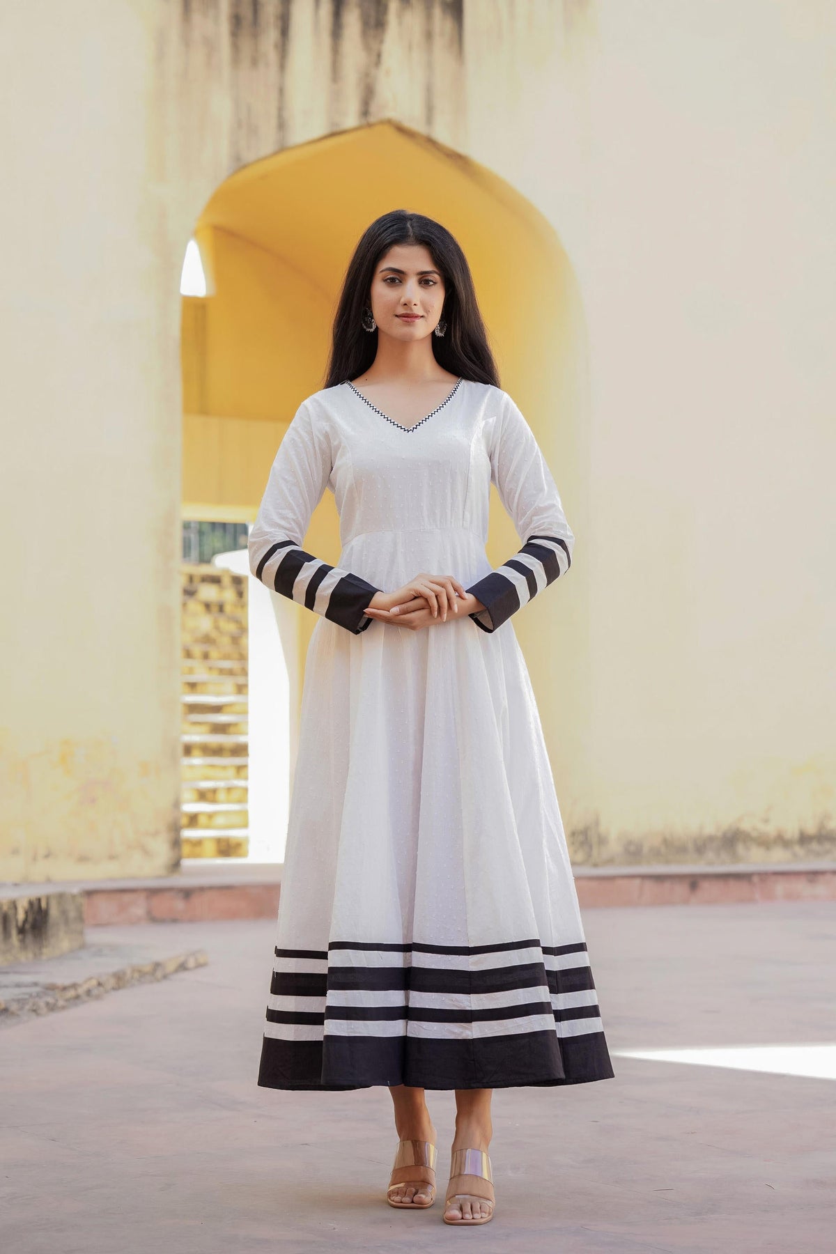 Juniper White Ethnic Motif Printed Dress & Dupatta Set With Thread Work | Grocsy