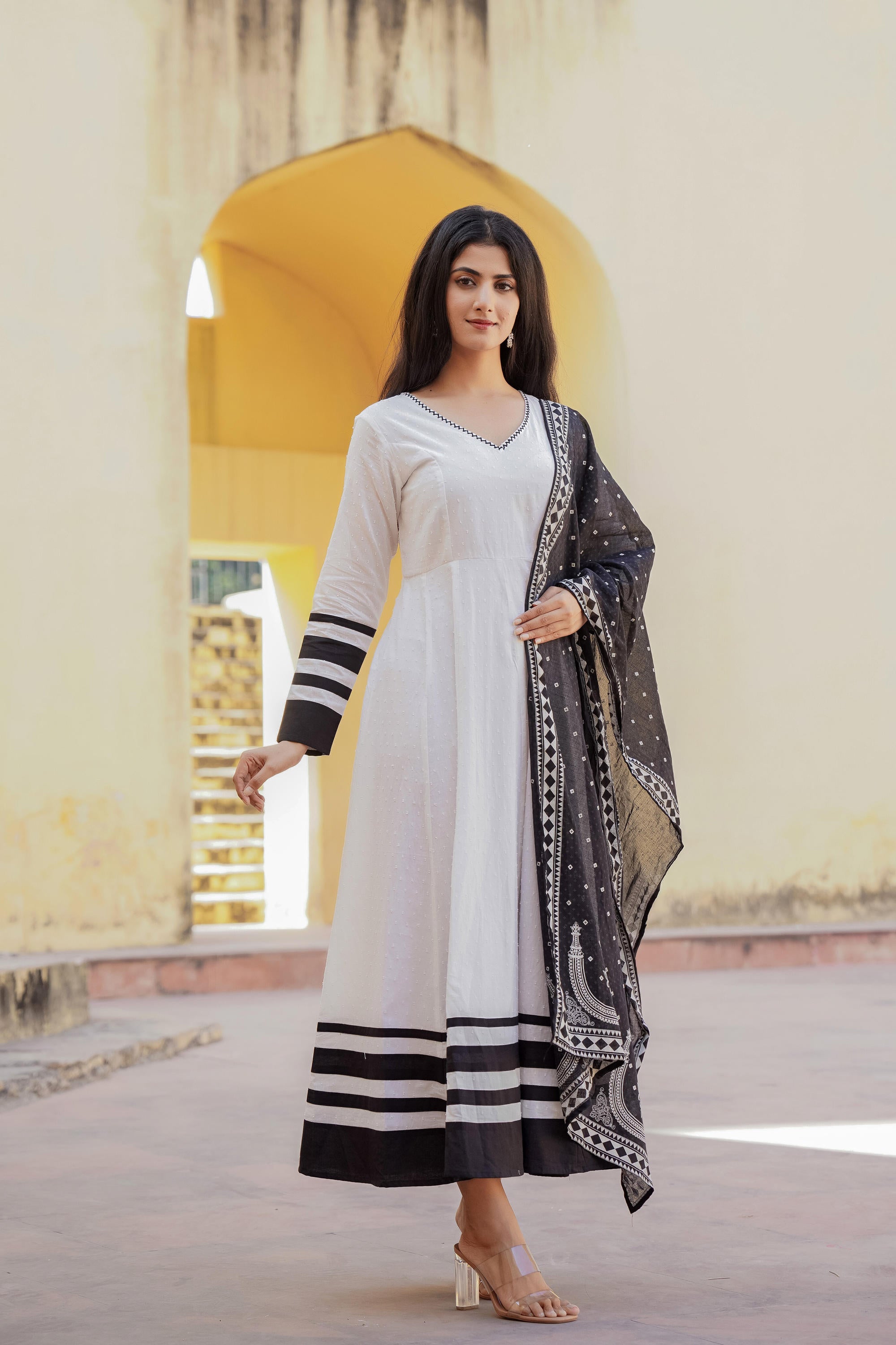 Juniper White Ethnic Motif Printed Dress & Dupatta Set With Thread Work | Grocsy