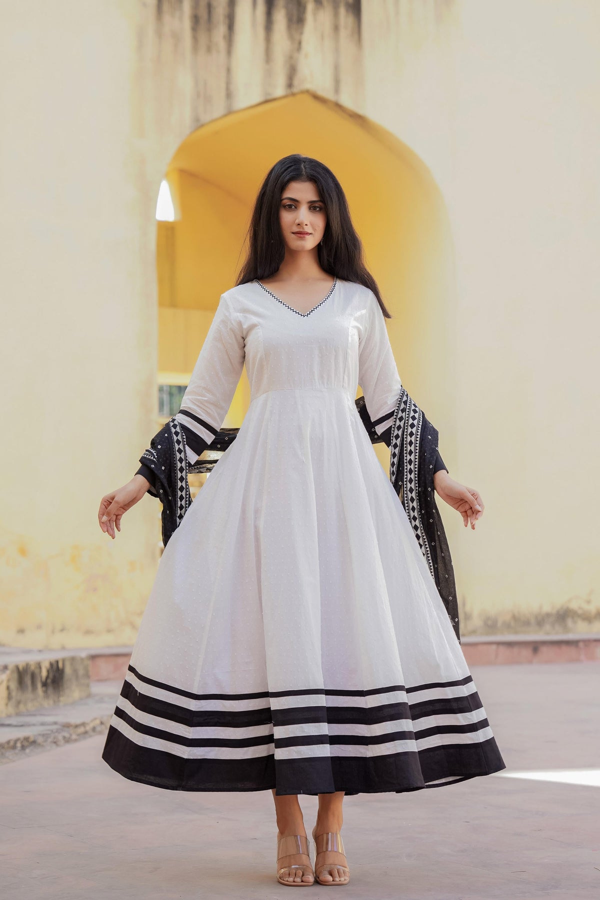 Juniper White Ethnic Motif Printed Dress & Dupatta Set With Thread Work | Grocsy