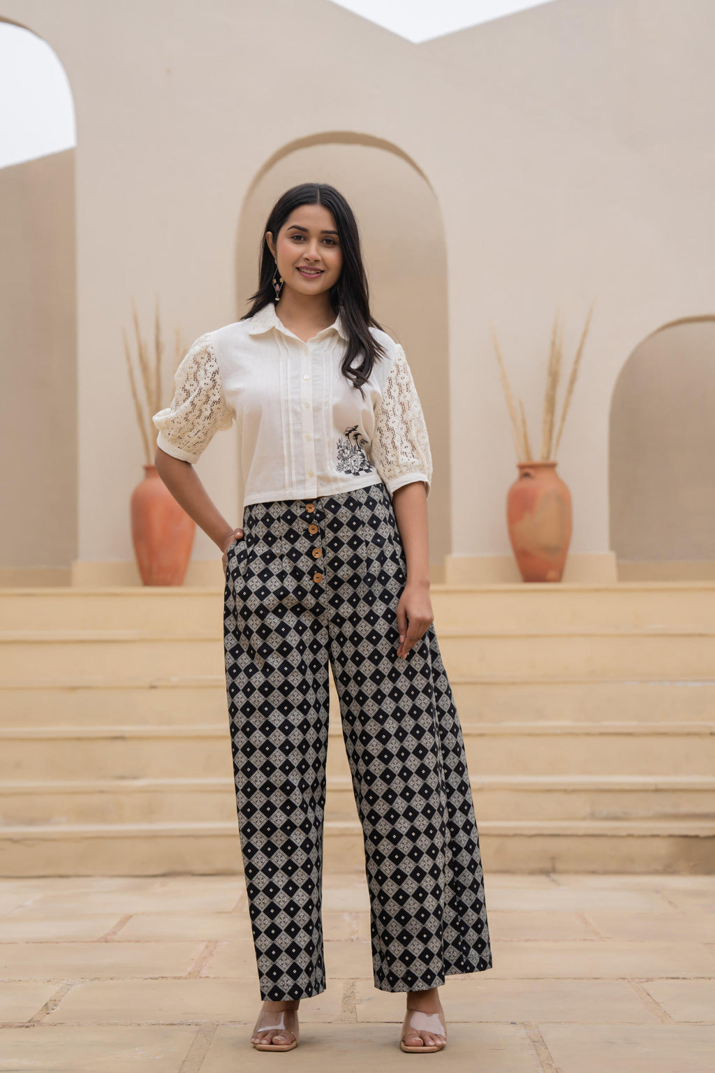 Juniper White Lace-Sleeve Shirt Top With Printed Wide-Leg Pants Co-Ord Set | Grocsy