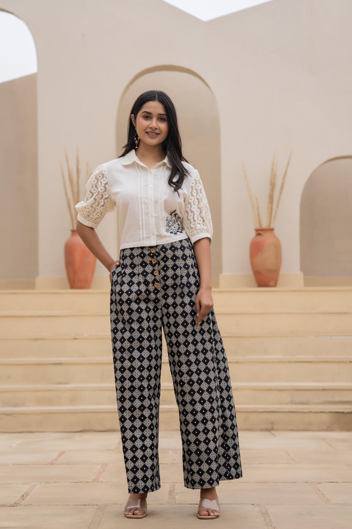 Juniper White Lace-Sleeve Shirt Top With Printed Wide-Leg Pants Co-Ord Set | Grocsy