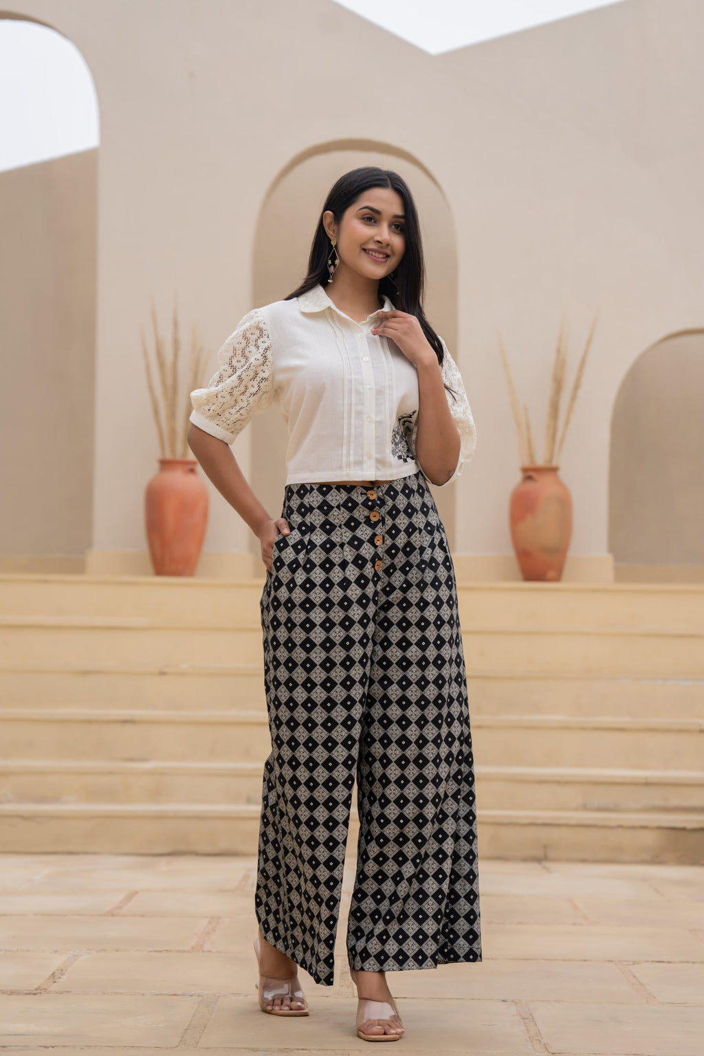 Juniper White Lace-Sleeve Shirt Top With Printed Wide-Leg Pants Co-Ord Set | Grocsy