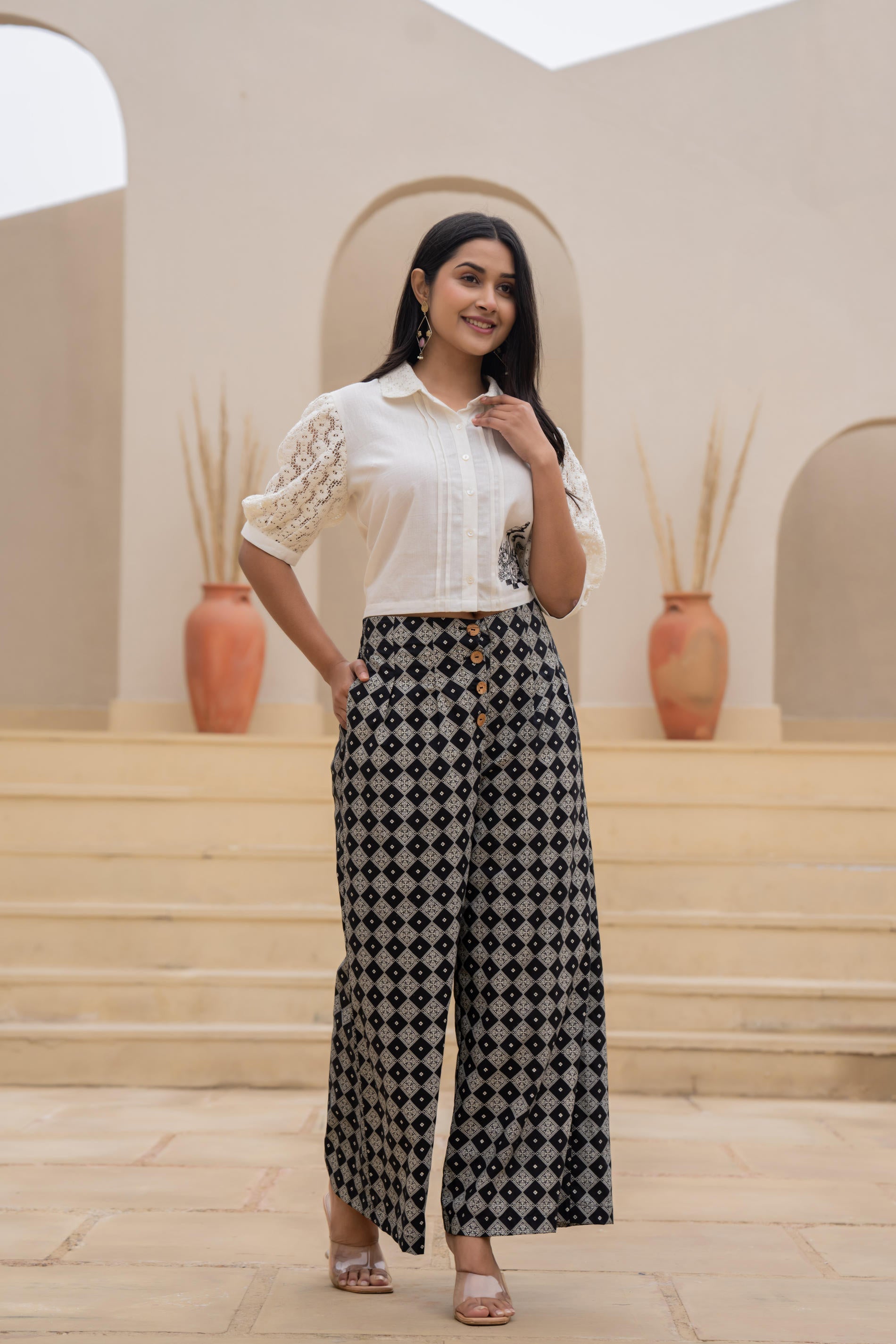 Juniper White Lace-Sleeve Shirt Top With Printed Wide-Leg Pants Co-Ord Set | Grocsy