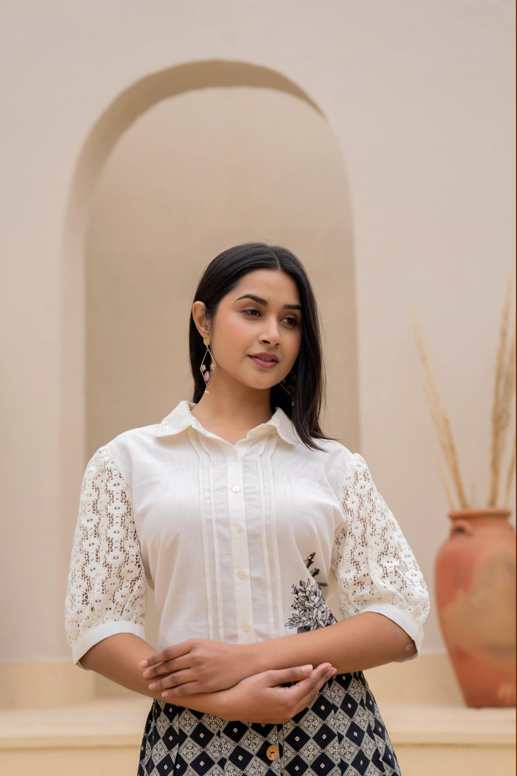 Juniper White Lace-Sleeve Shirt Top With Printed Wide-Leg Pants Co-Ord Set | Grocsy
