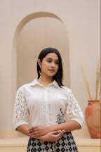Juniper White Lace-Sleeve Shirt Top With Printed Wide-Leg Pants Co-Ord Set | Grocsy