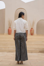 Juniper White Lace-Sleeve Shirt Top With Printed Wide-Leg Pants Co-Ord Set | Grocsy