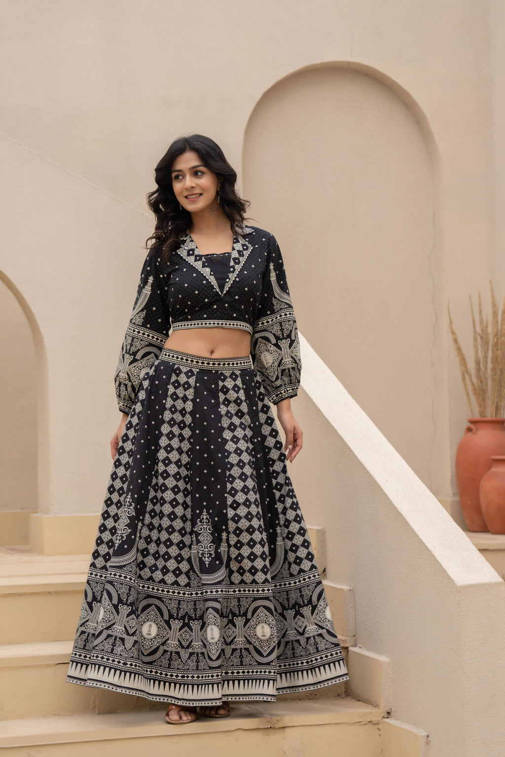 Juniper Black & White Printed Lehenga Choli Set with Ethnic Motifs | Grocsy