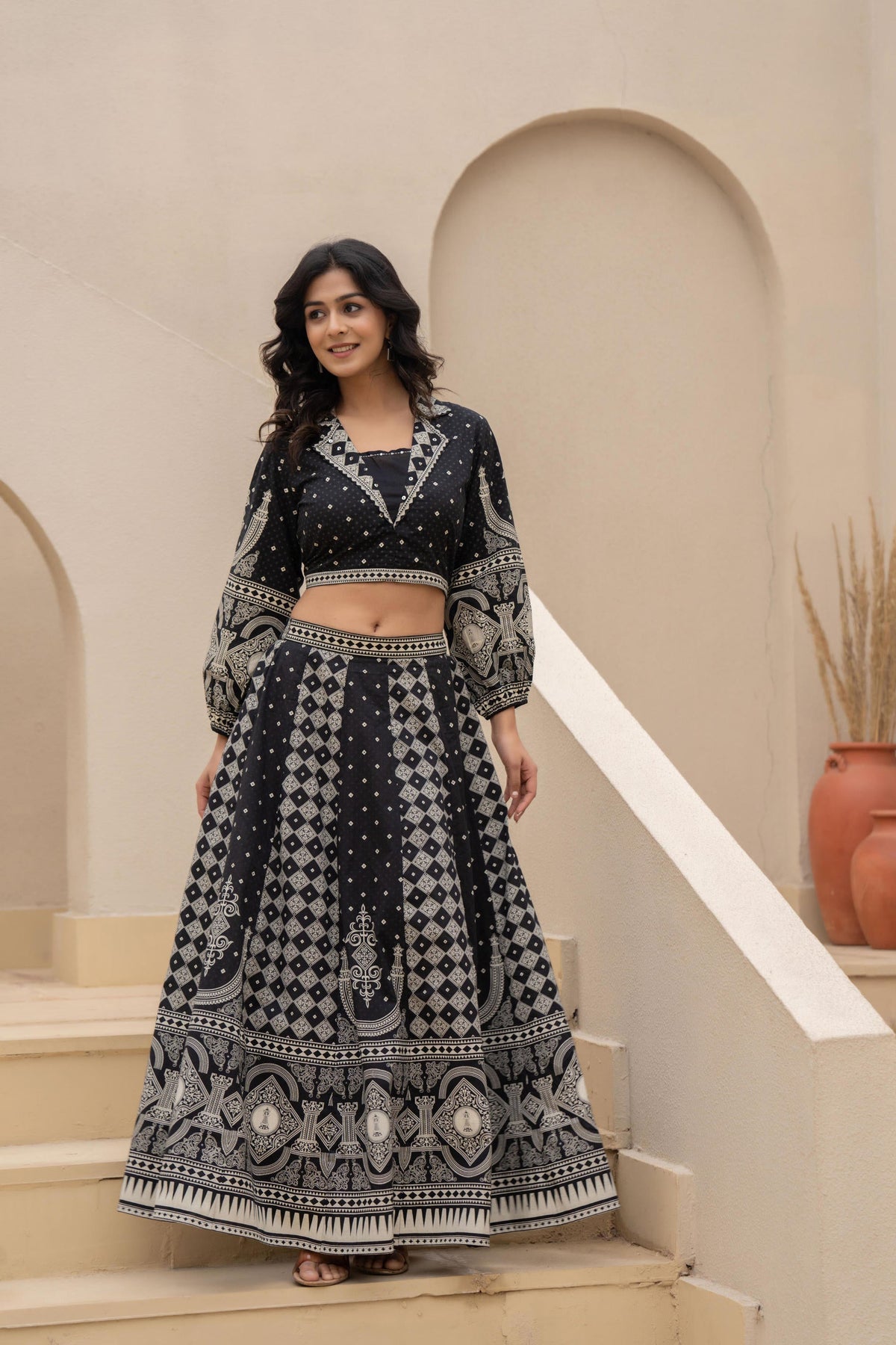 Juniper Black & White Printed Lehenga Choli Set With Ethnic Motifs | Grocsy