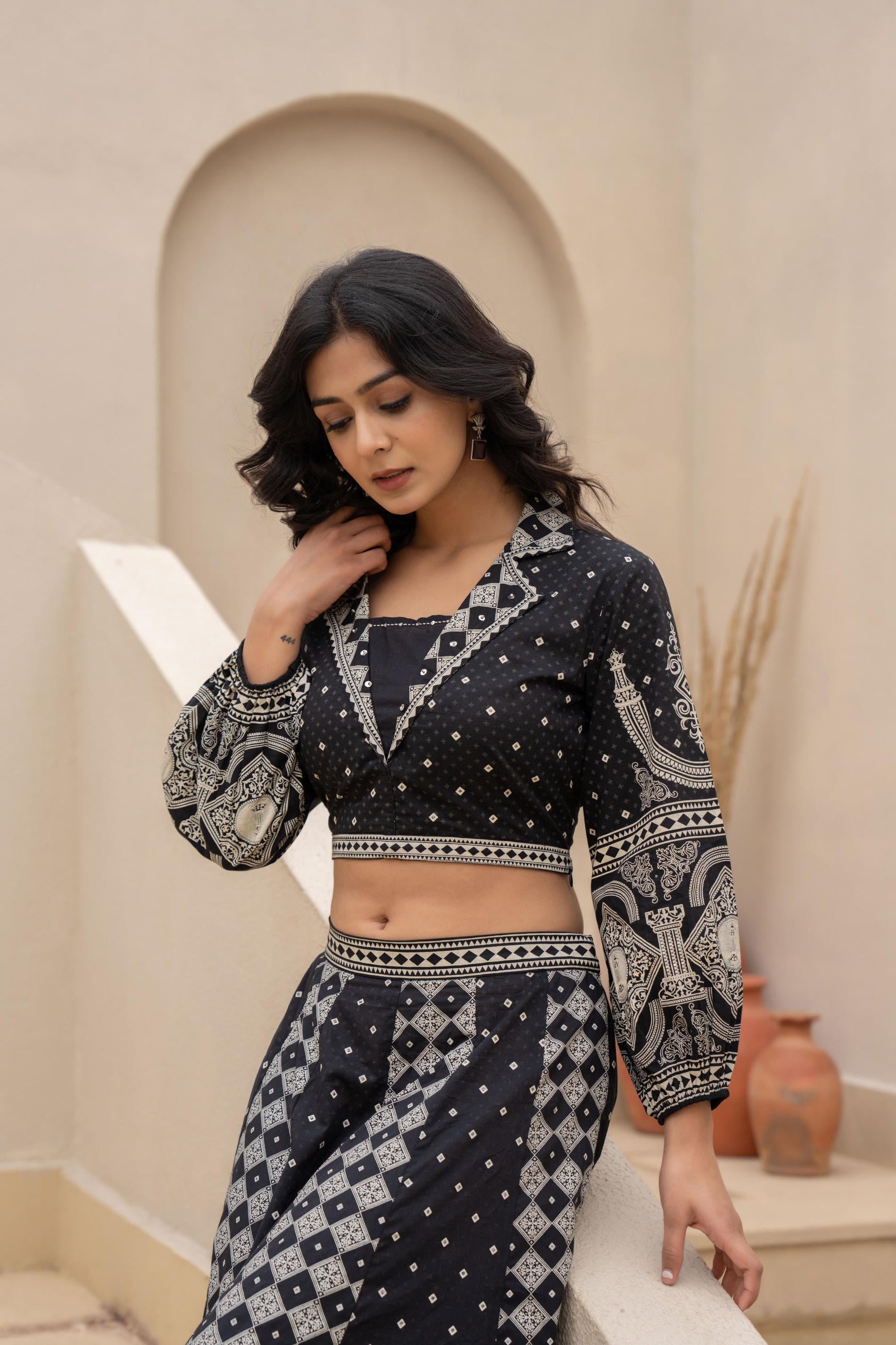 Juniper Black & White Printed Lehenga Choli Set with Ethnic Motifs | Grocsy