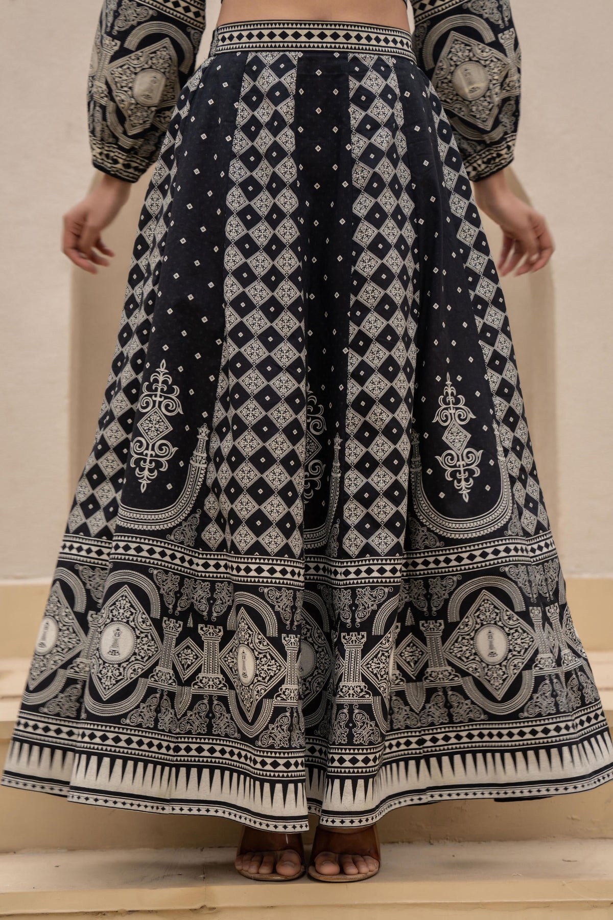 Juniper Black & White Printed Lehenga Choli Set with Ethnic Motifs | Grocsy