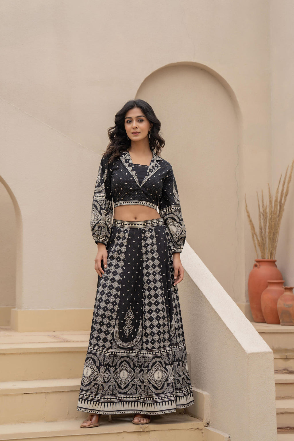 Juniper Black & White Printed Lehenga Choli Set with Ethnic Motifs | Grocsy