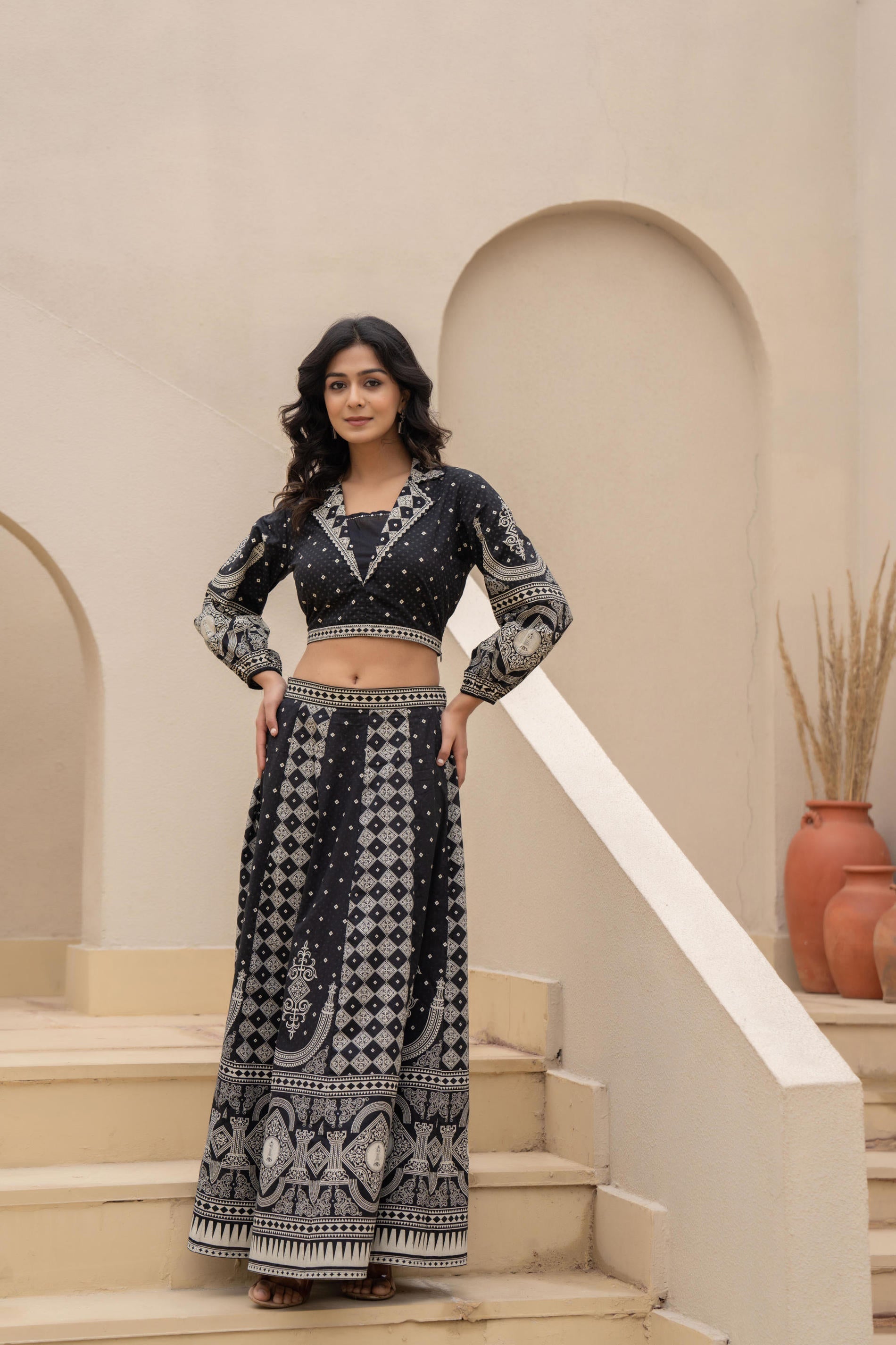 Juniper Black & White Printed Lehenga Choli Set with Ethnic Motifs | Grocsy