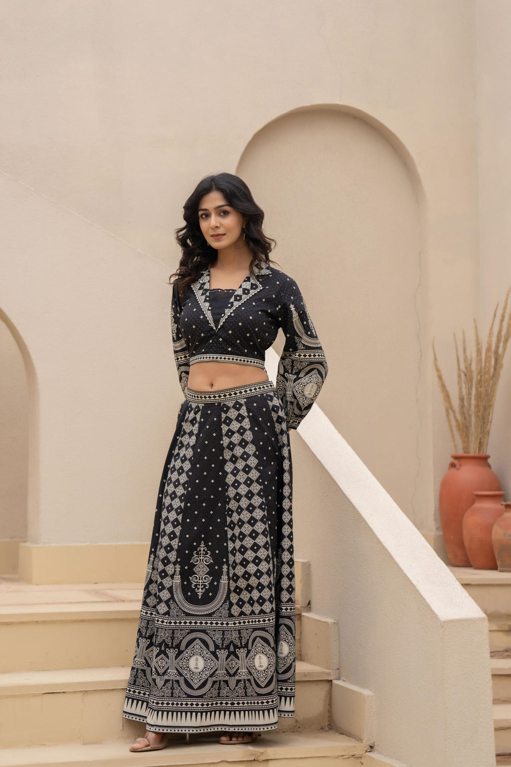 Juniper Black & White Printed Lehenga Choli Set with Ethnic Motifs | Grocsy