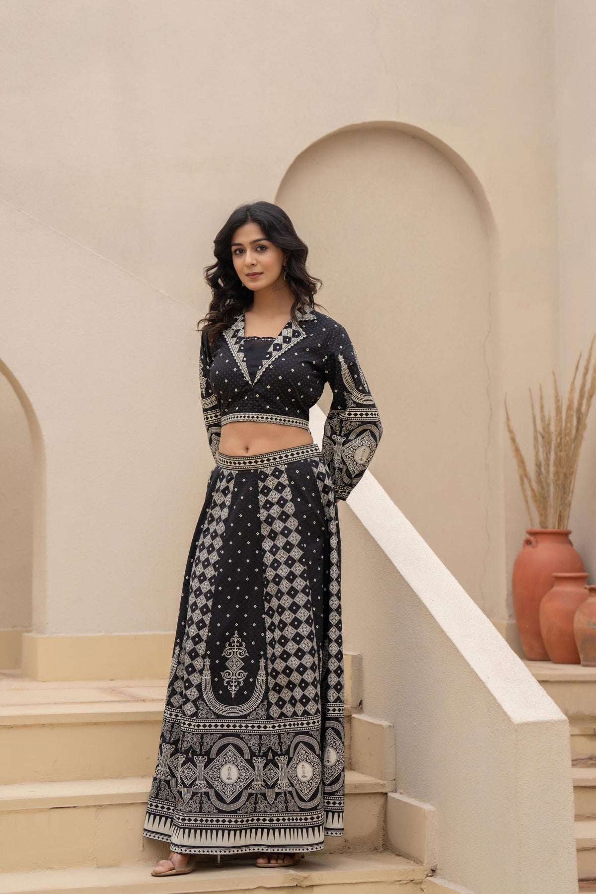 Juniper Black & White Printed Lehenga Choli Set with Ethnic Motifs | Grocsy