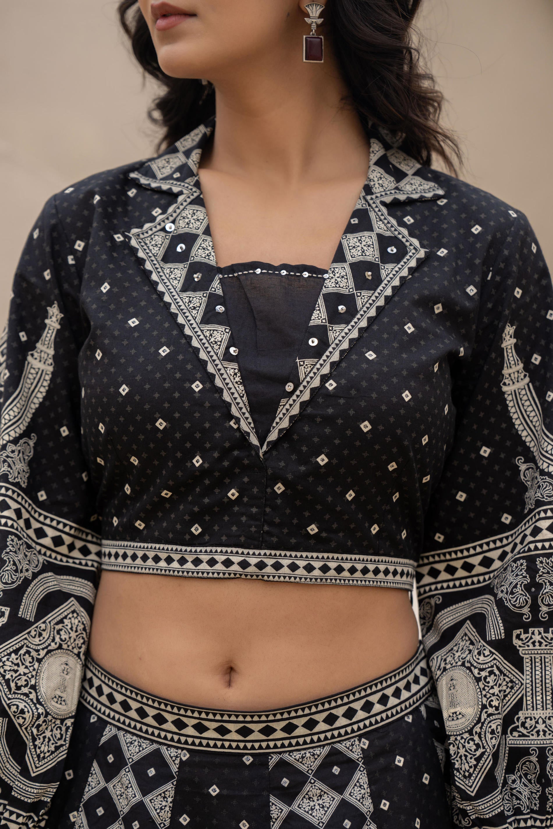 Juniper Black & White Printed Lehenga Choli Set with Ethnic Motifs | Grocsy
