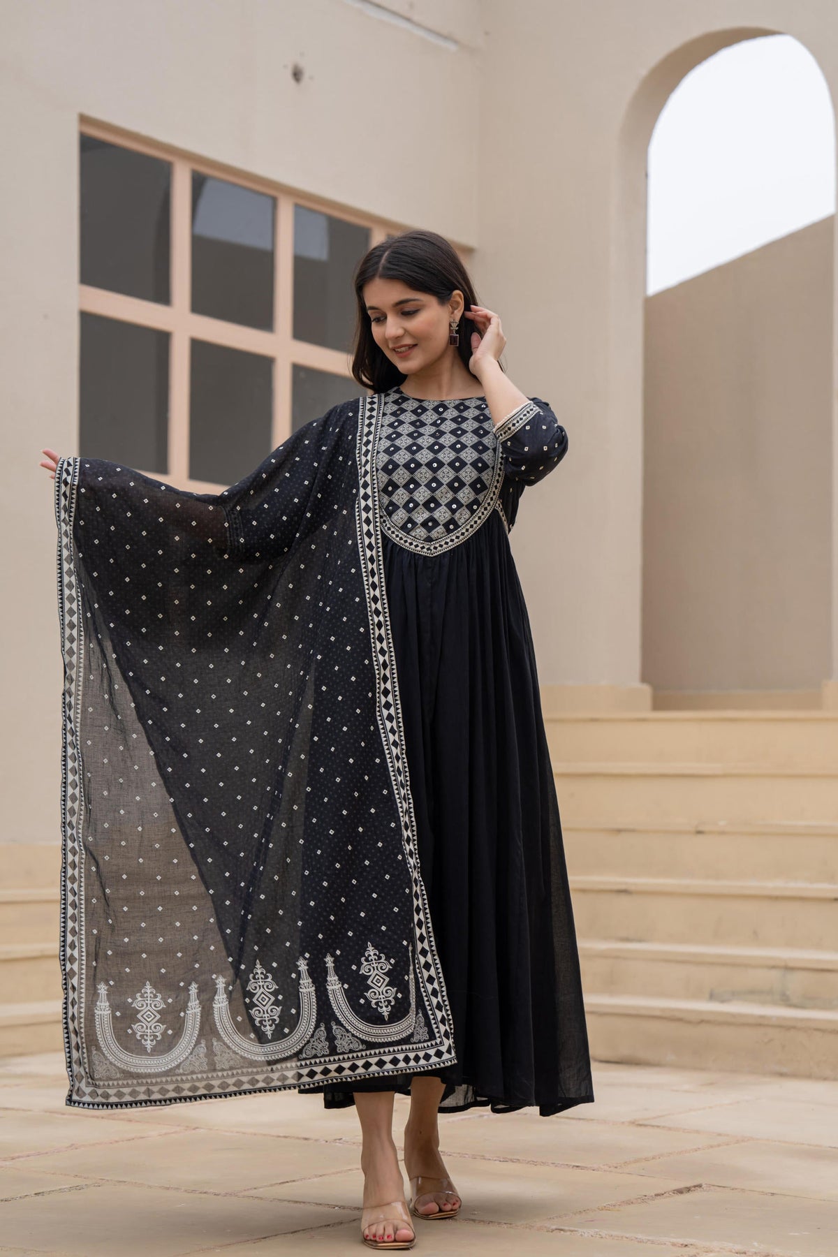 Juniper Black Anarkali Dress With Embroidered Dupatta | Grocsy