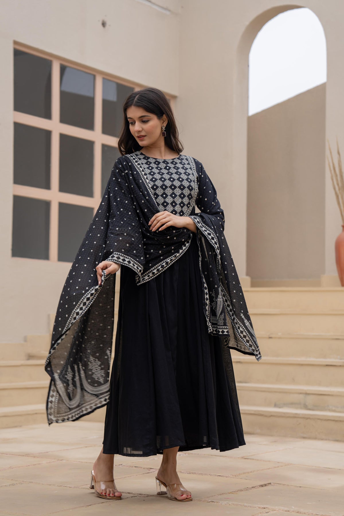 Juniper Black Anarkali Dress With Embroidered Dupatta | Grocsy