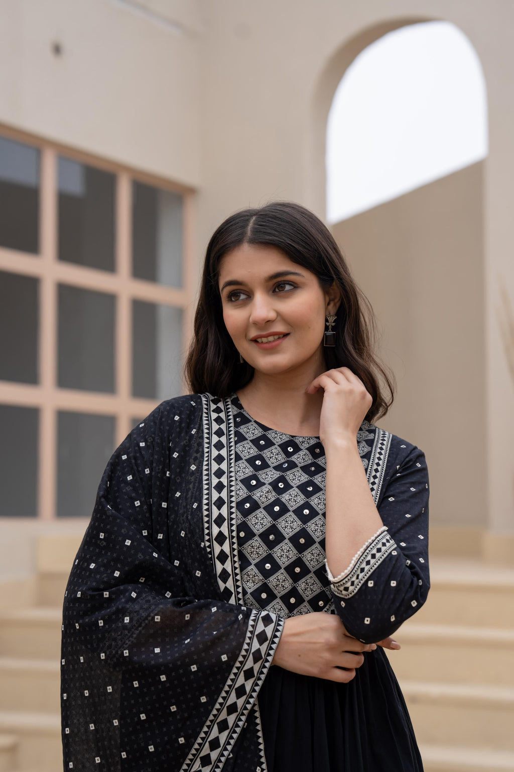Juniper Black Anarkali Dress With Embroidered Dupatta | Grocsy