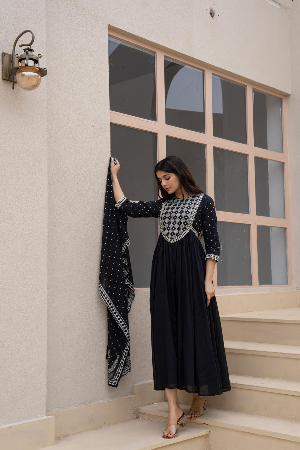 Juniper Black Anarkali Dress With Embroidered Dupatta | Grocsy