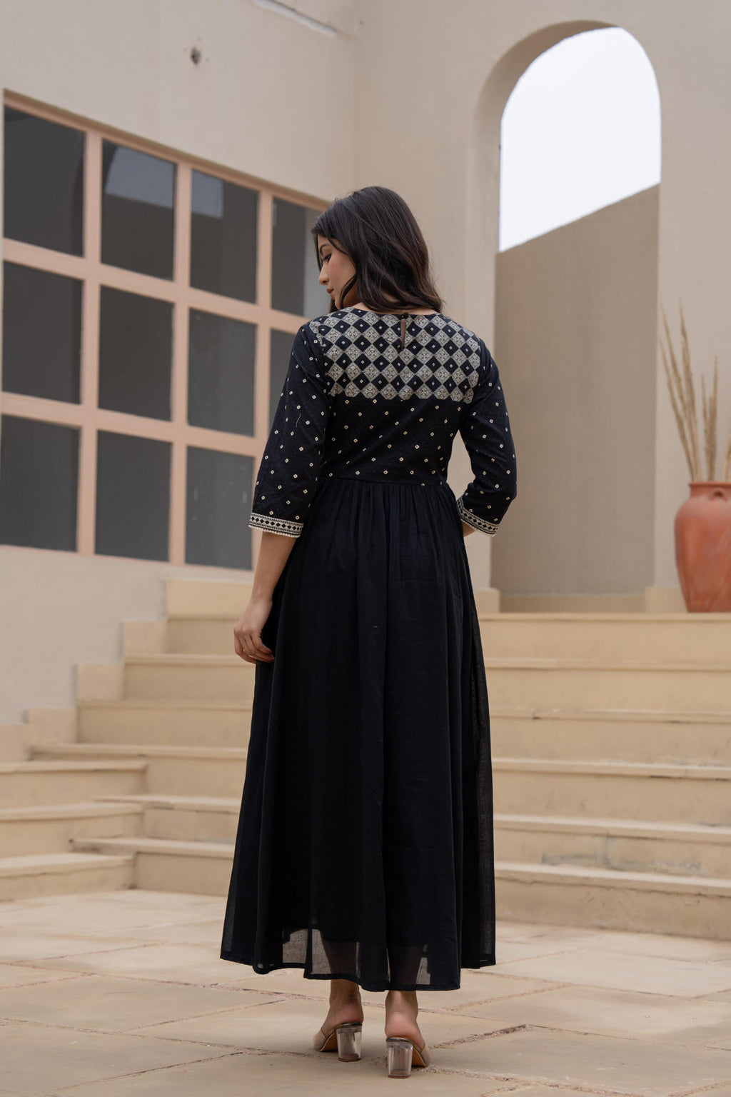 Juniper Black Anarkali Dress with Embroidered Dupatta | Grocsy