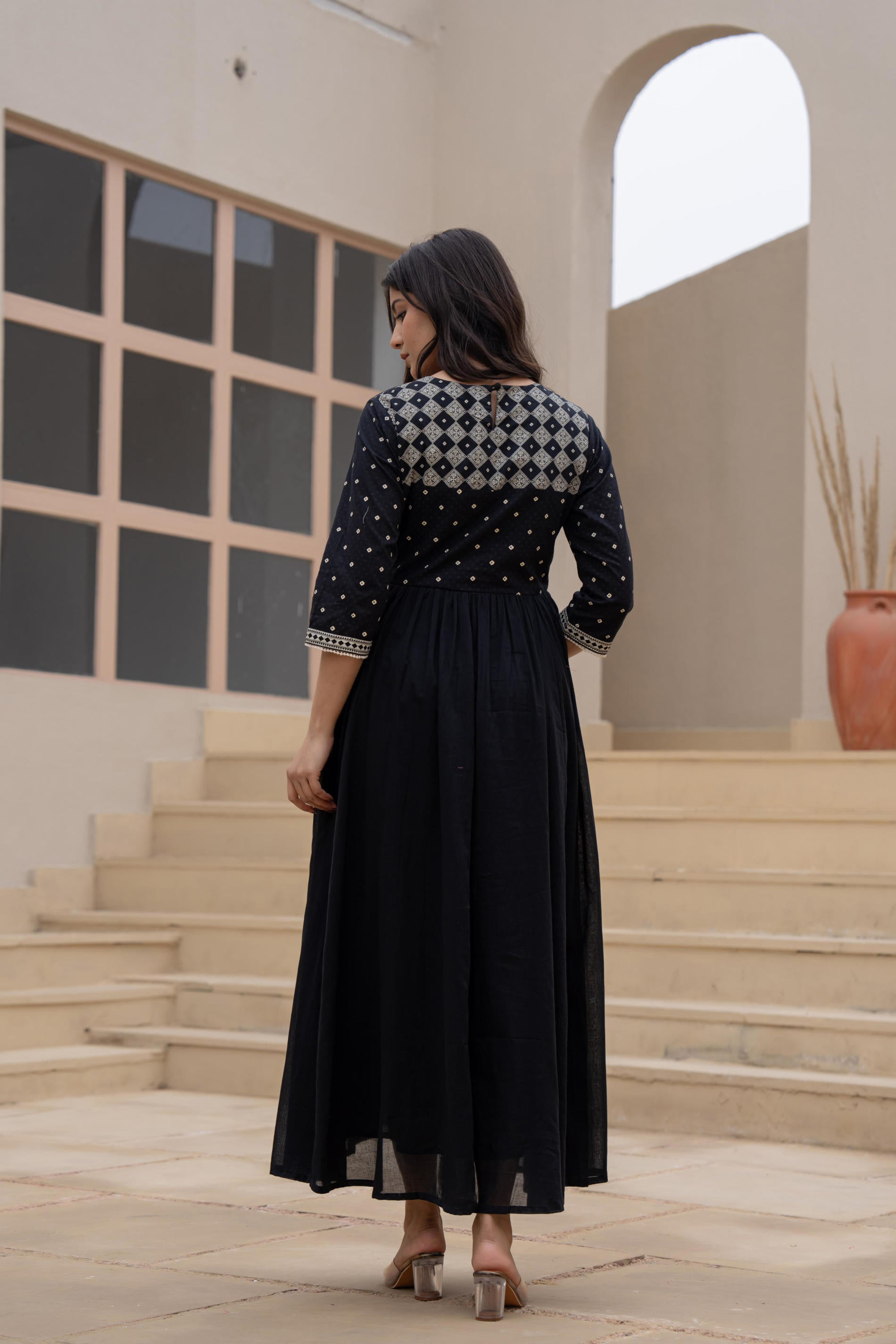 Juniper Black Anarkali Dress with Embroidered Dupatta | Grocsy