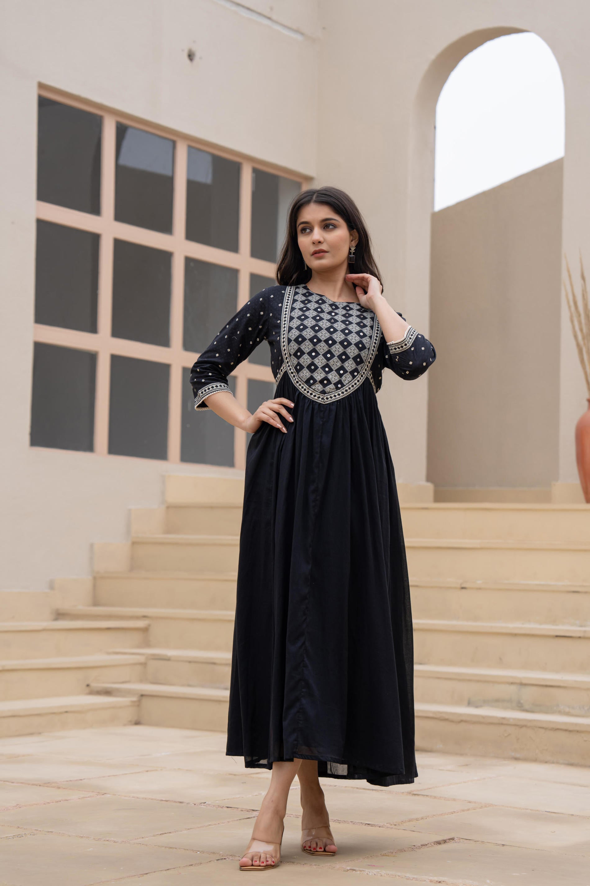 Juniper Black Anarkali Dress with Embroidered Dupatta | Grocsy