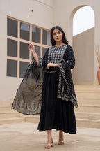 Juniper Black Anarkali Dress with Embroidered Dupatta | Grocsy