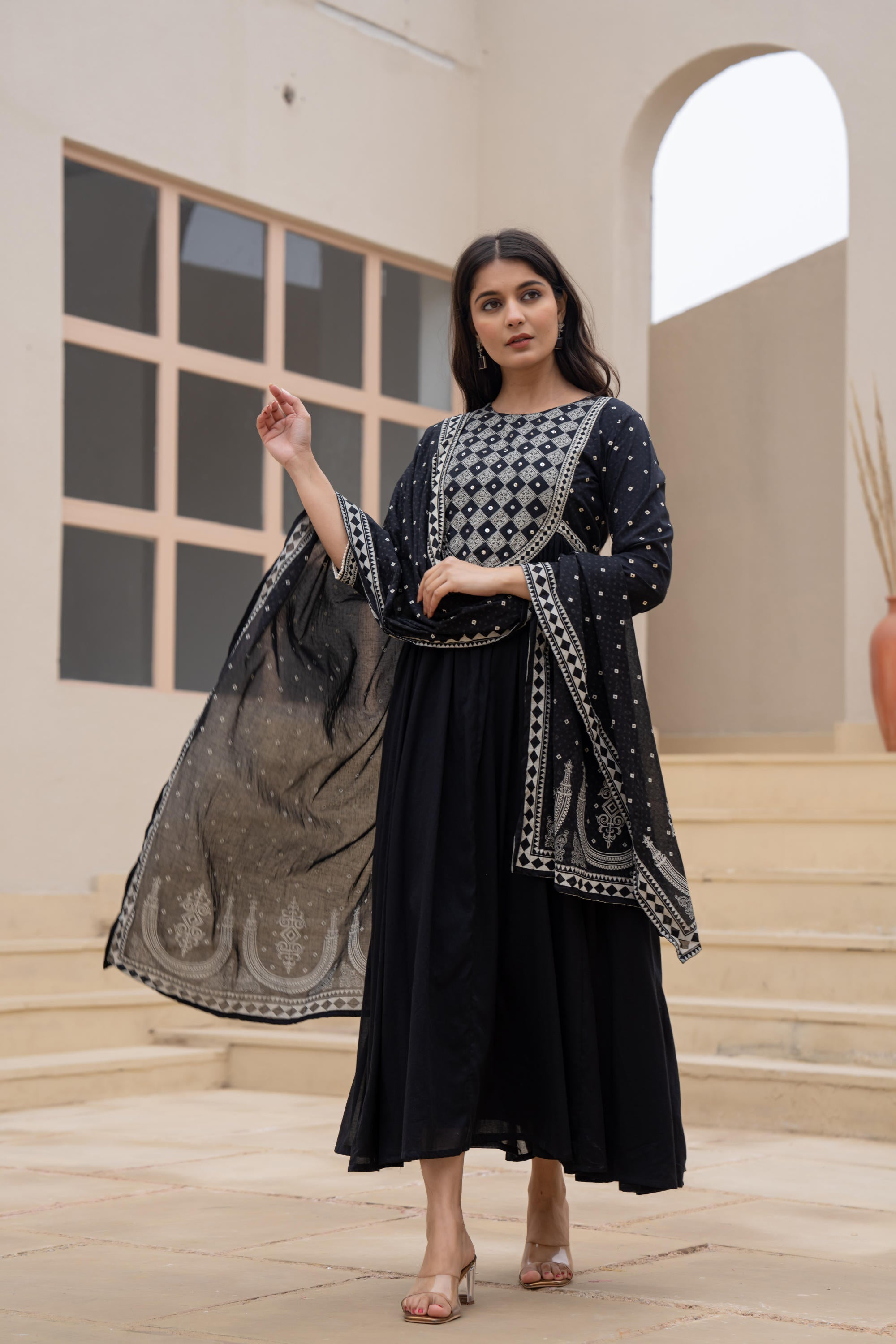 Juniper Black Anarkali Dress with Embroidered Dupatta | Grocsy