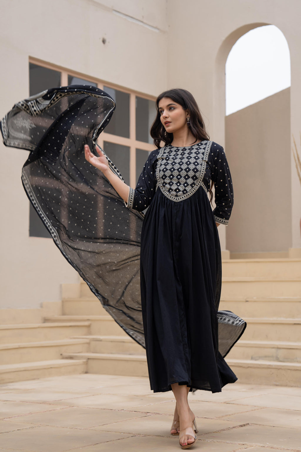 Juniper Black Anarkali Dress with Embroidered Dupatta | Grocsy