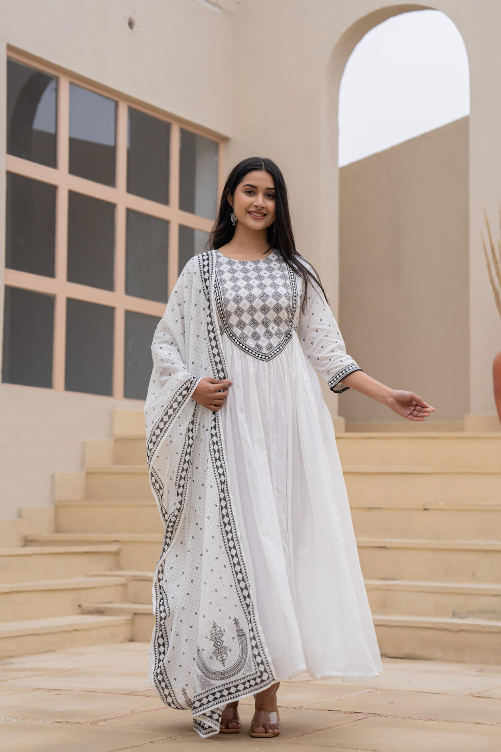 Juniper White Anarkali Dress With Embroidered Dupatta | Grocsy